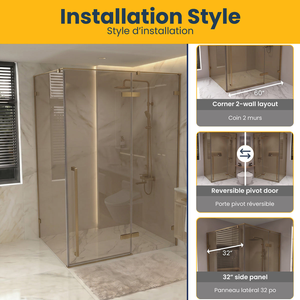57,6po–58po L (largeur ajustable) x 79po H Porte de douche pivotante réversible sans cadre en or brossé avec verre teinté brun et panneau latéral 30,2po–30,5po