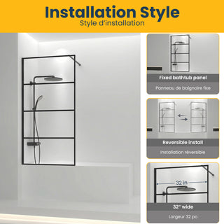 32" x 66" Fixed Reversible Bathtub Panel in Matte Black with Clear Glass Without Base