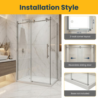 Porte de Douche Coulissante Réversible Chromée de 48 po x 36 po x 75 po - Verre de 10mm, Installation à 2 Murs avec Panneau Latéral de 36 po