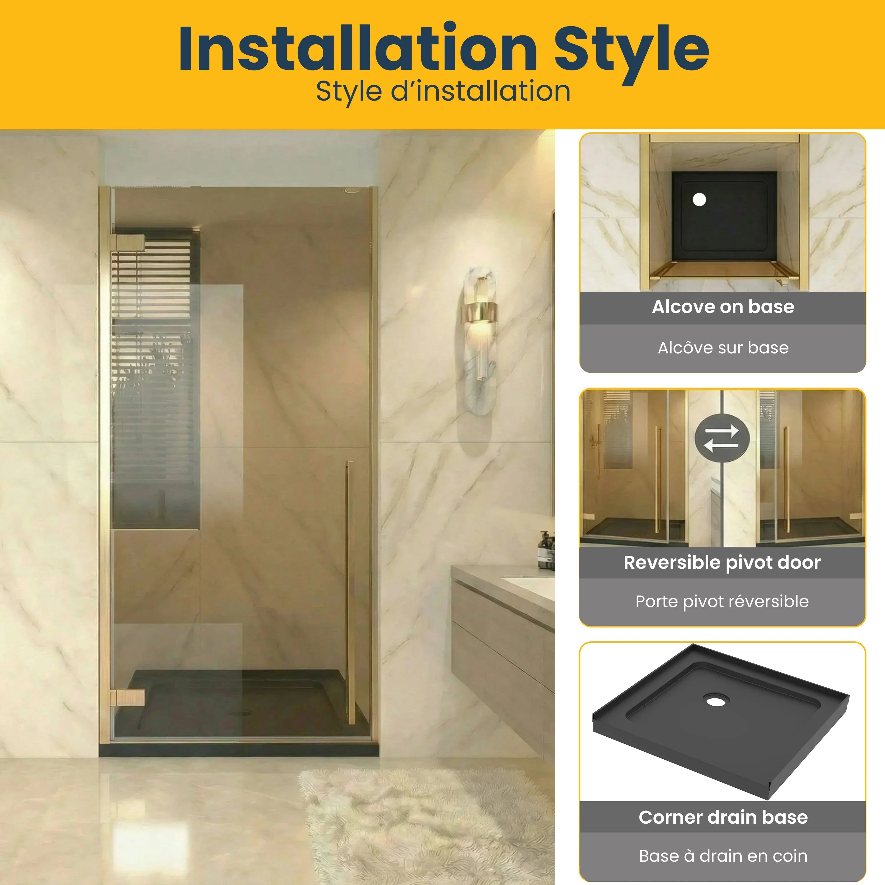 Porte de douche pivotante or brossé 36po x 79po avec verre teinté brun et base noire 36po