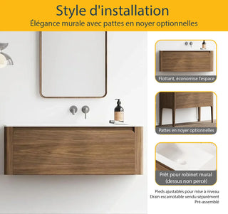 Meuble-Lavabo Mural 48po Noyer avec Comptoir de Surface solide Blanc Mat