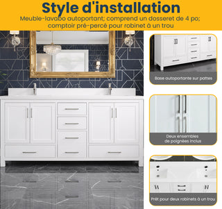 Meuble-Lavabo Autoportant 72po Blanc avec Comptoir de Quartz Blanche Neige