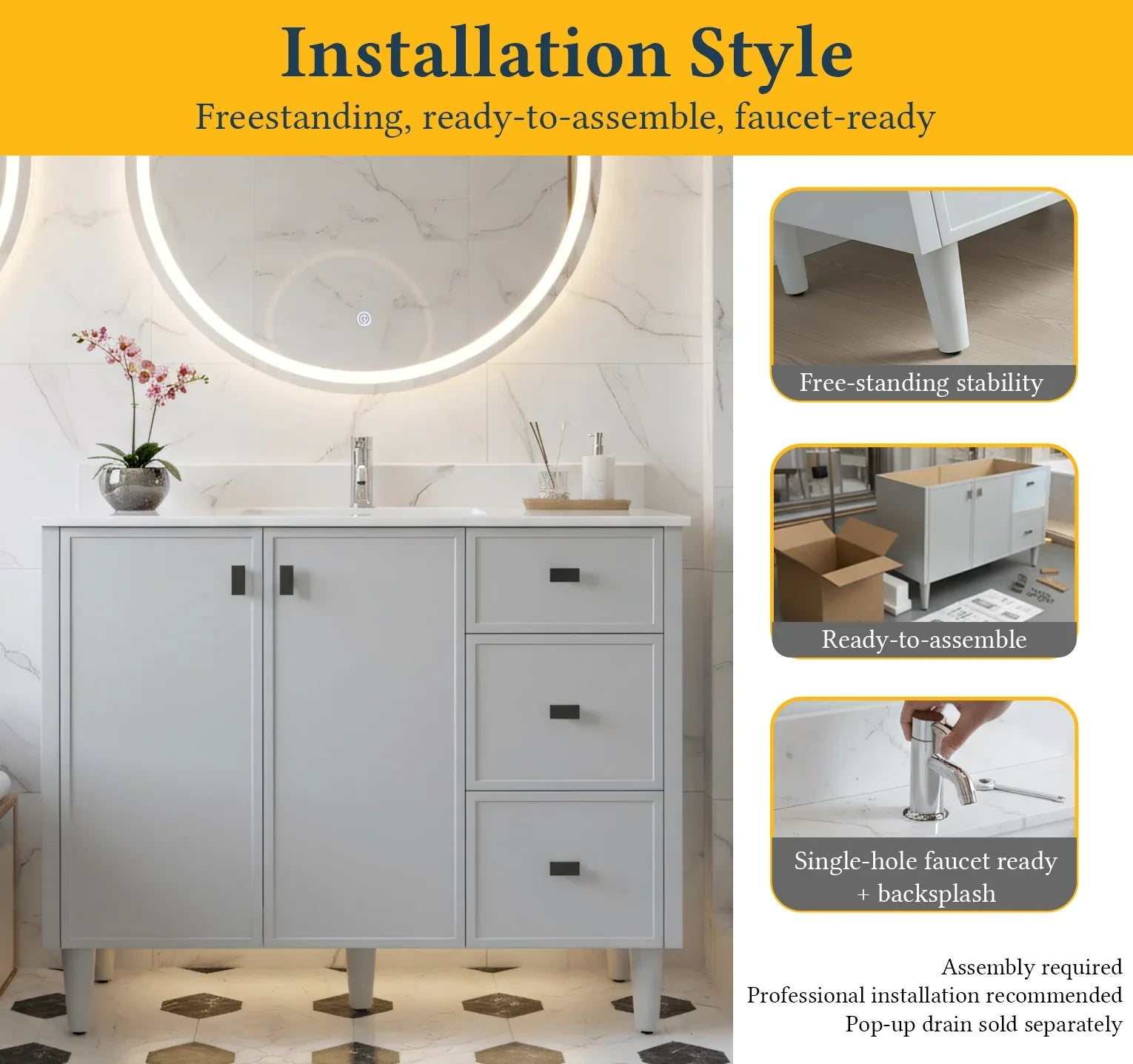 Meuble-Lavabo Autoportant 42po Gris Hampton avec Comptoir de Marbre Ingénierie Calcutta