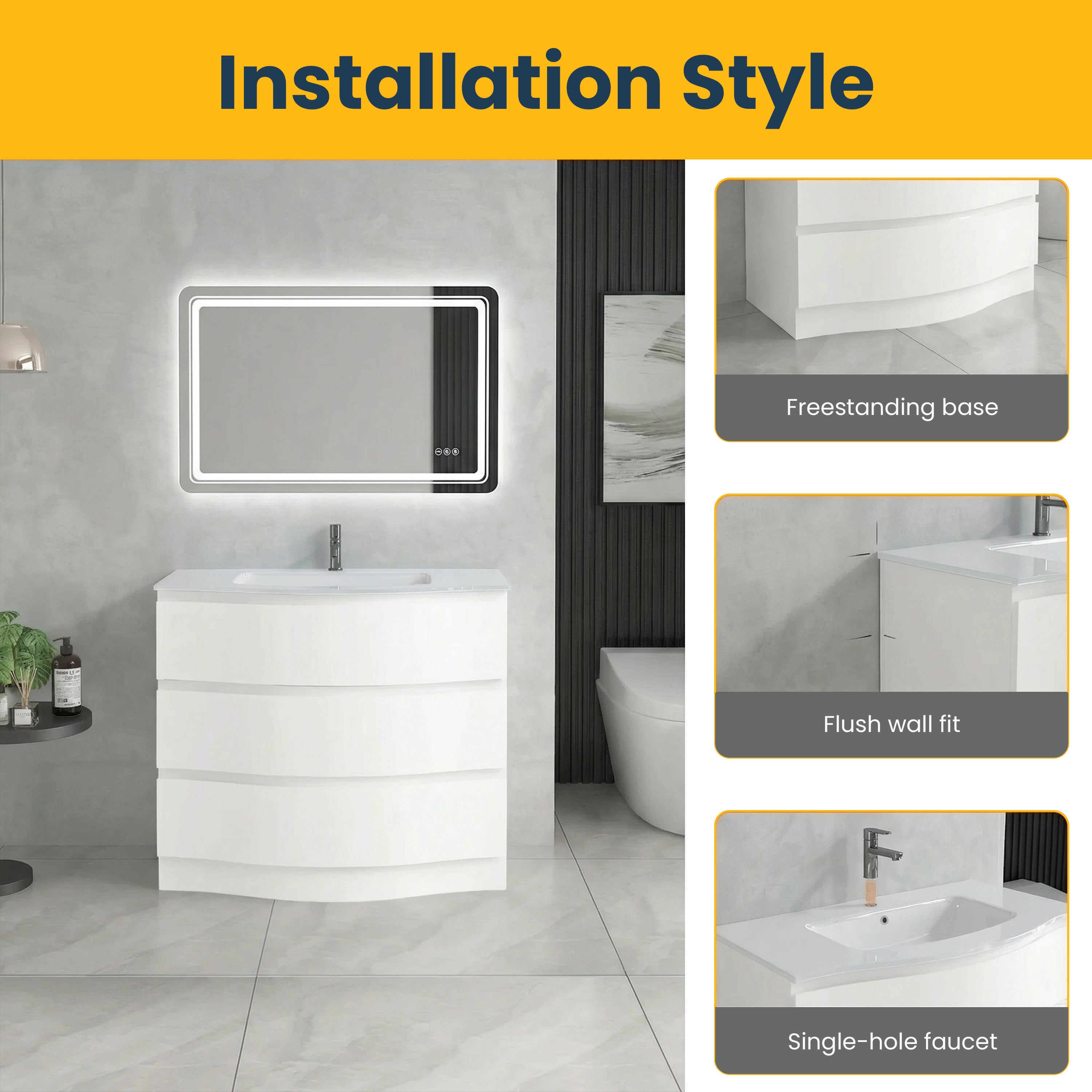 36" Matte White Freestanding Single Sink Bathroom Vanity with White Glass Countertop