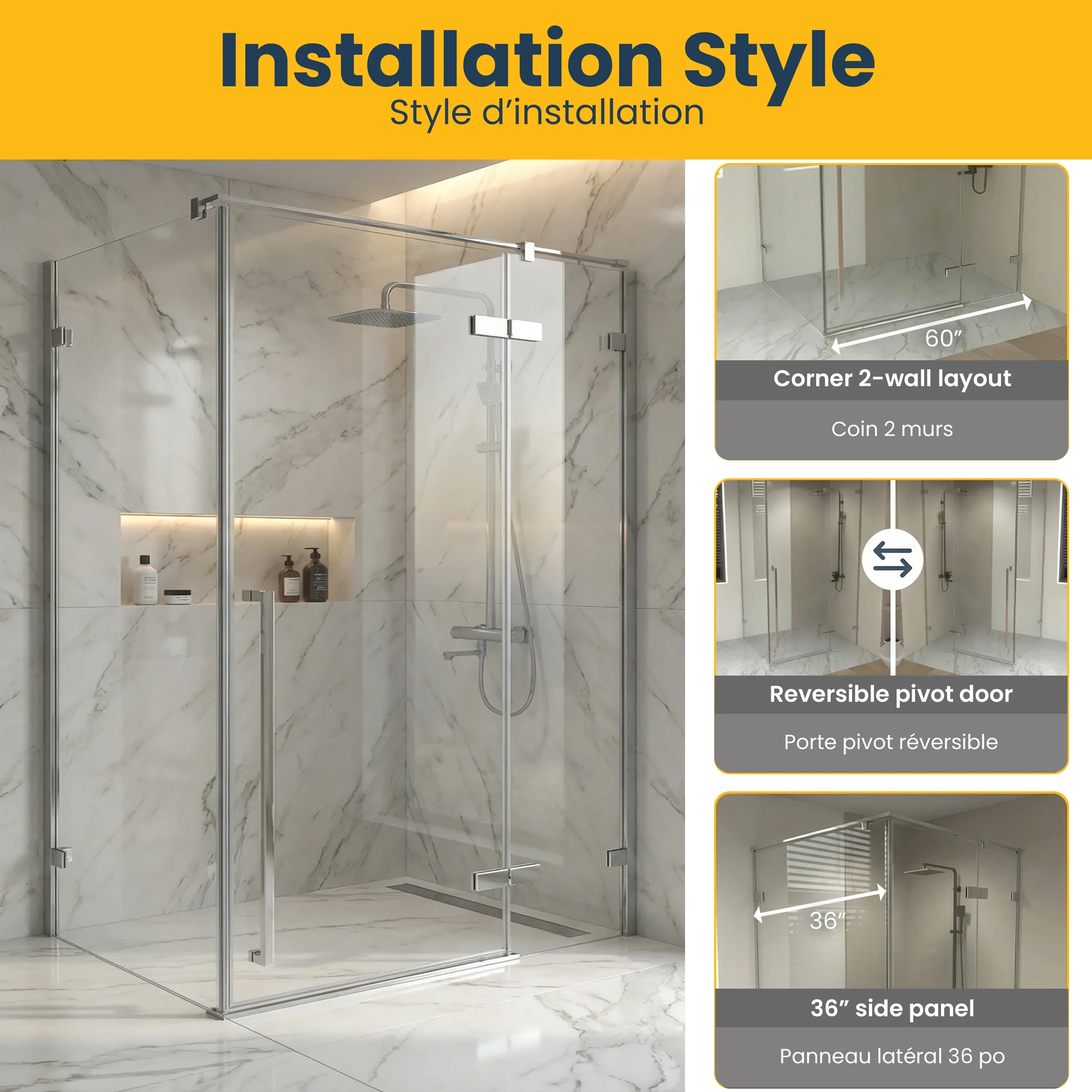 Porte de douche pivotante chromée 60po x 79po avec panneau latéral 36po - Verre clair