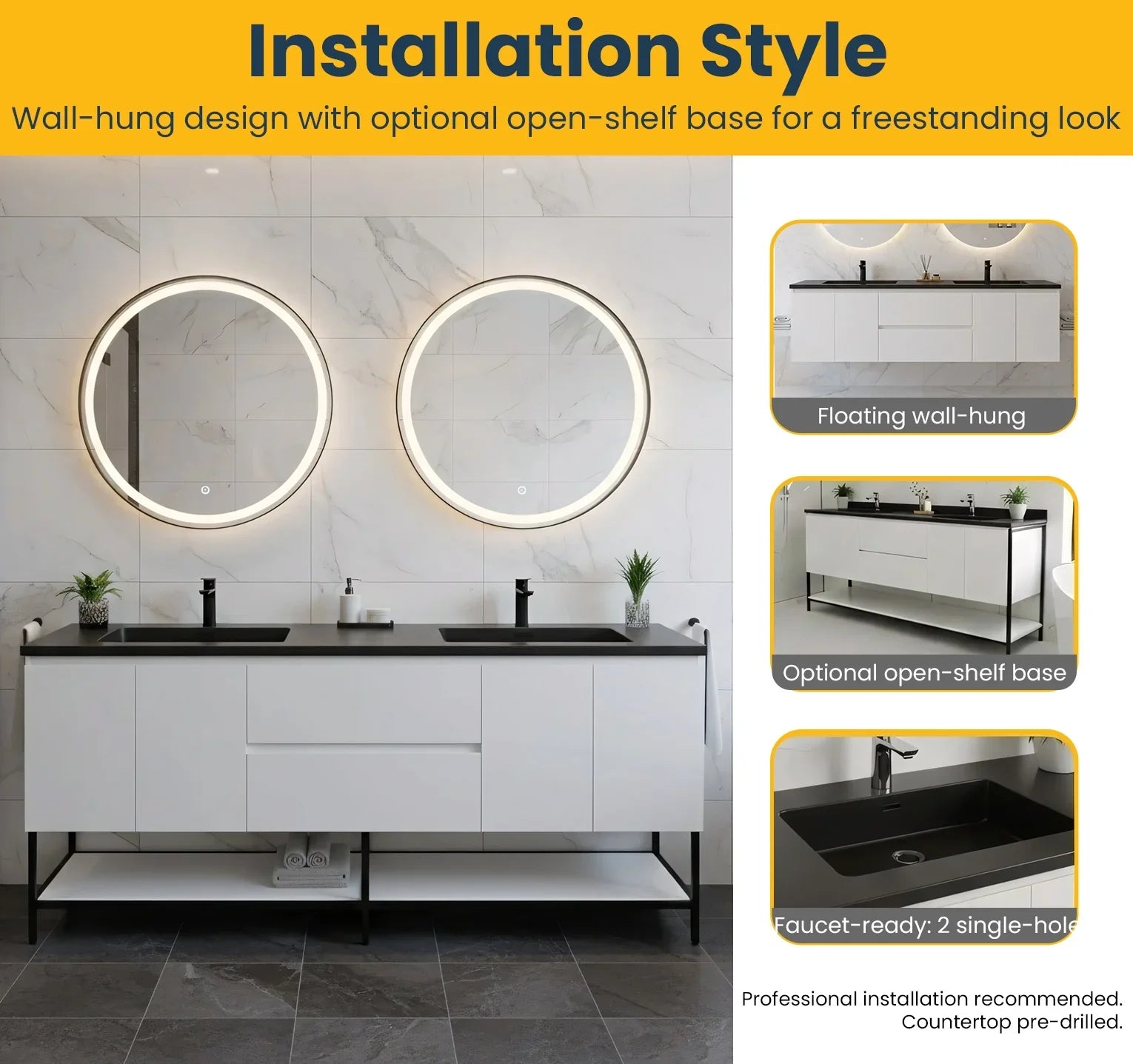 Meuble-Lavabo Mural 72po Blanc avec Comptoir de Quartz d'ingénierie Noir