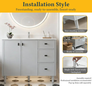 42" Hampton Grey Freestanding Vanity with Pure White Quartz Countertop