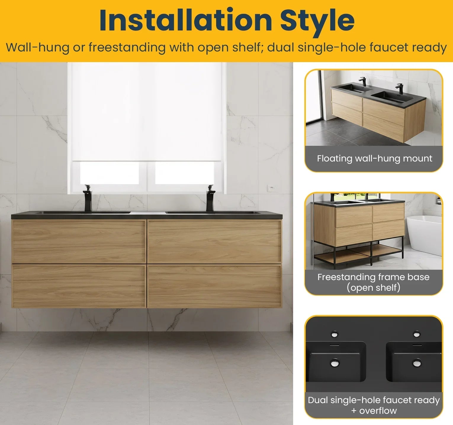 60" Sunset Walnut Wall Mount Double Sink Bathroom Vanity with Black Engineered Quartz Countertop