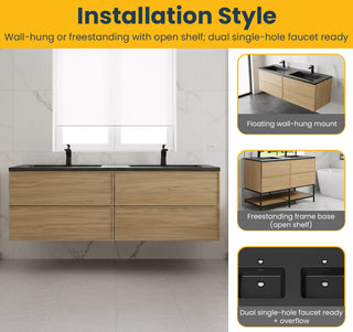 Meuble-Lavabo Mural 60po Noyer Couchant avec Comptoir de Quartz d'ingénierie Noir