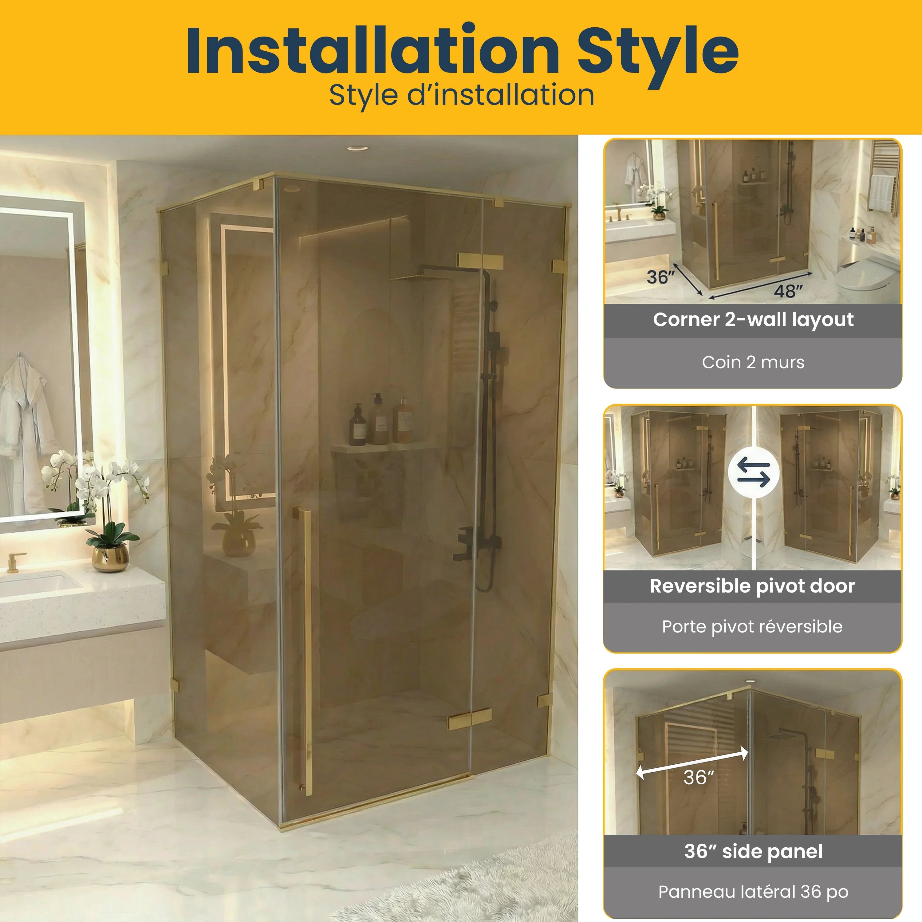 45.6"–46" x 79" Brushed Gold Reversible Pivot Shower Door with Brown Tinted Glass and 34.1"–34.5" Side Panel