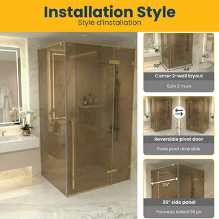48" x 79" Reversible Fixed/Pivot Shower door Brushed Gold with Brown Tinted Glass and 36" x 79" Side Shower Panel