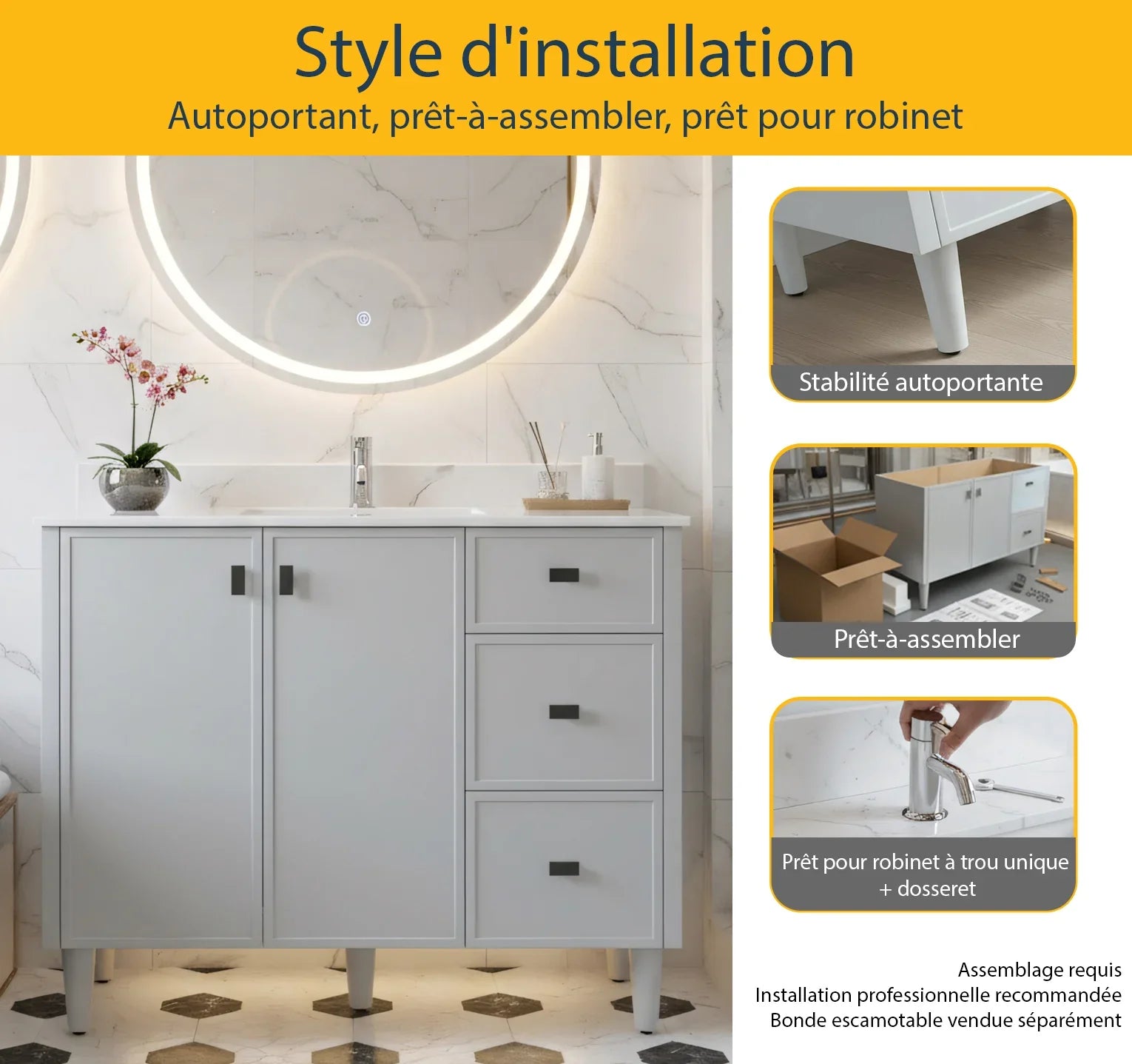 Meuble-Lavabo Autoportant 42po Gris Hampton avec Comptoir de Marbre Ingénierie Calcutta