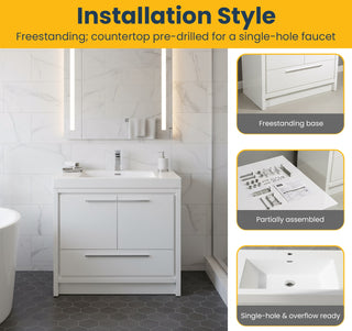 Meuble-Lavabo Autoportant 36po Blanc Brillant avec Comptoir de Polymarbre Blanc 