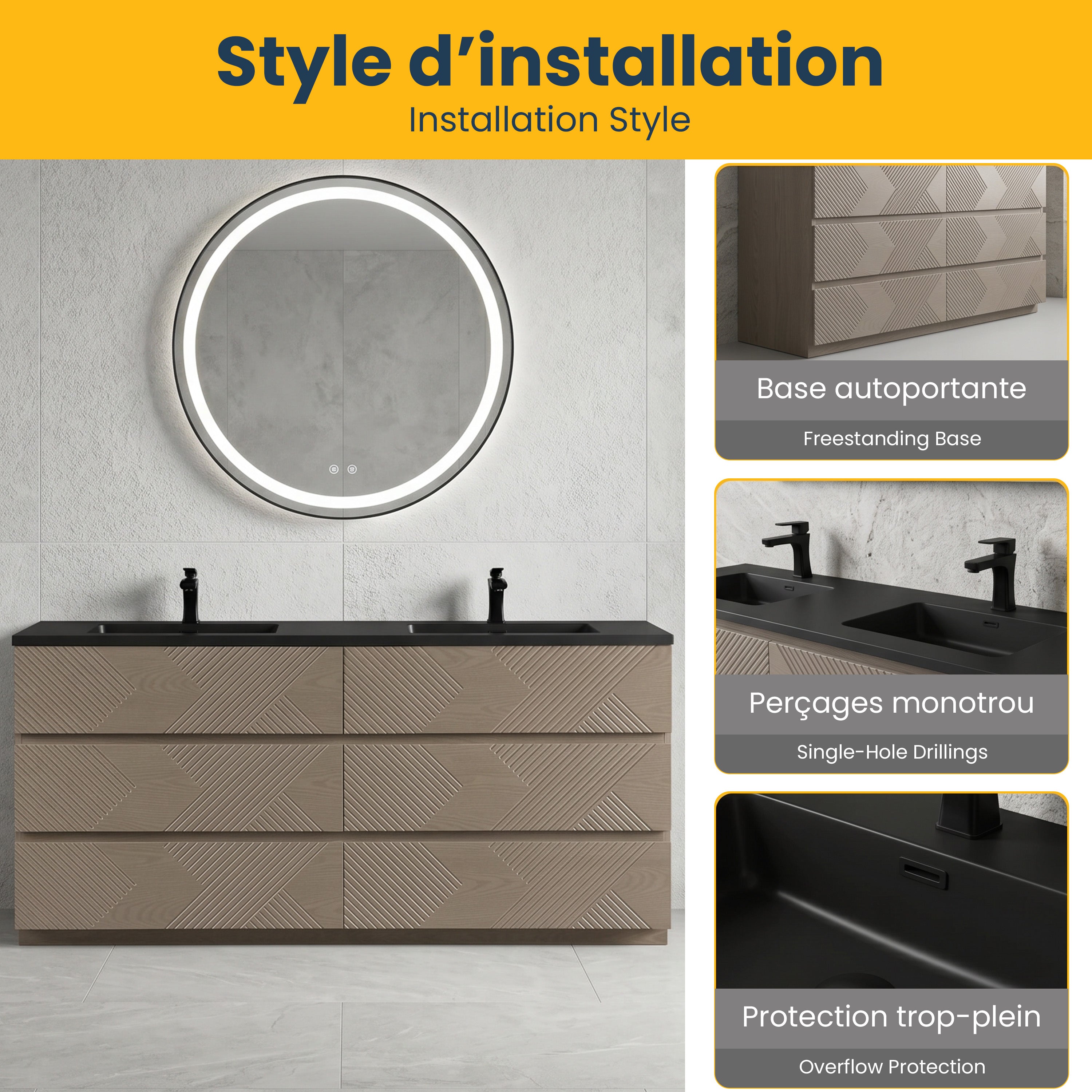 72" Taupe Oak Freestanding Double Sink Vanity with Black Engineered Quartz Countertop