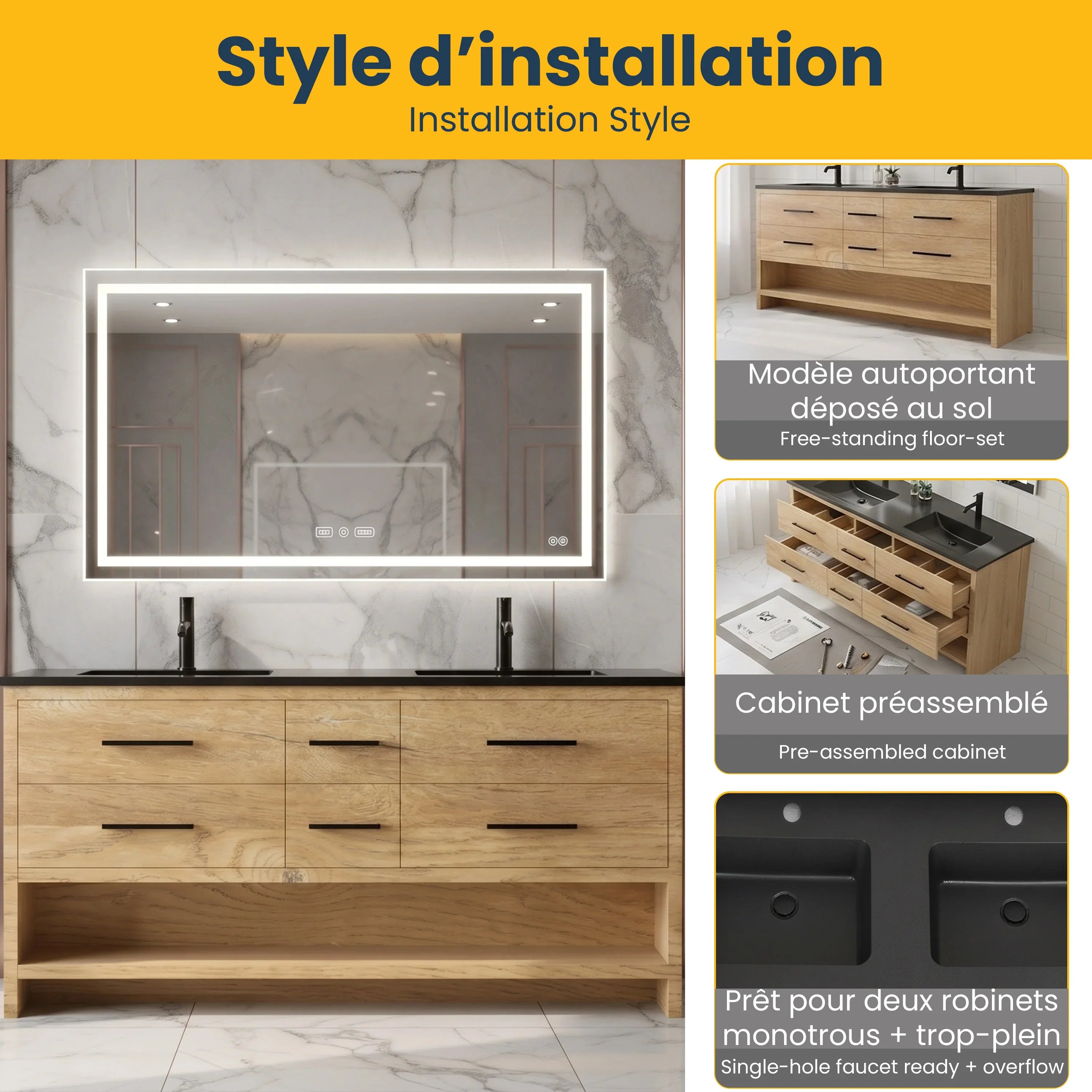 Meuble-Lavabo Autoportant 72po Chêne Brut avec Comptoir de Quartz d'ingénierie Noir