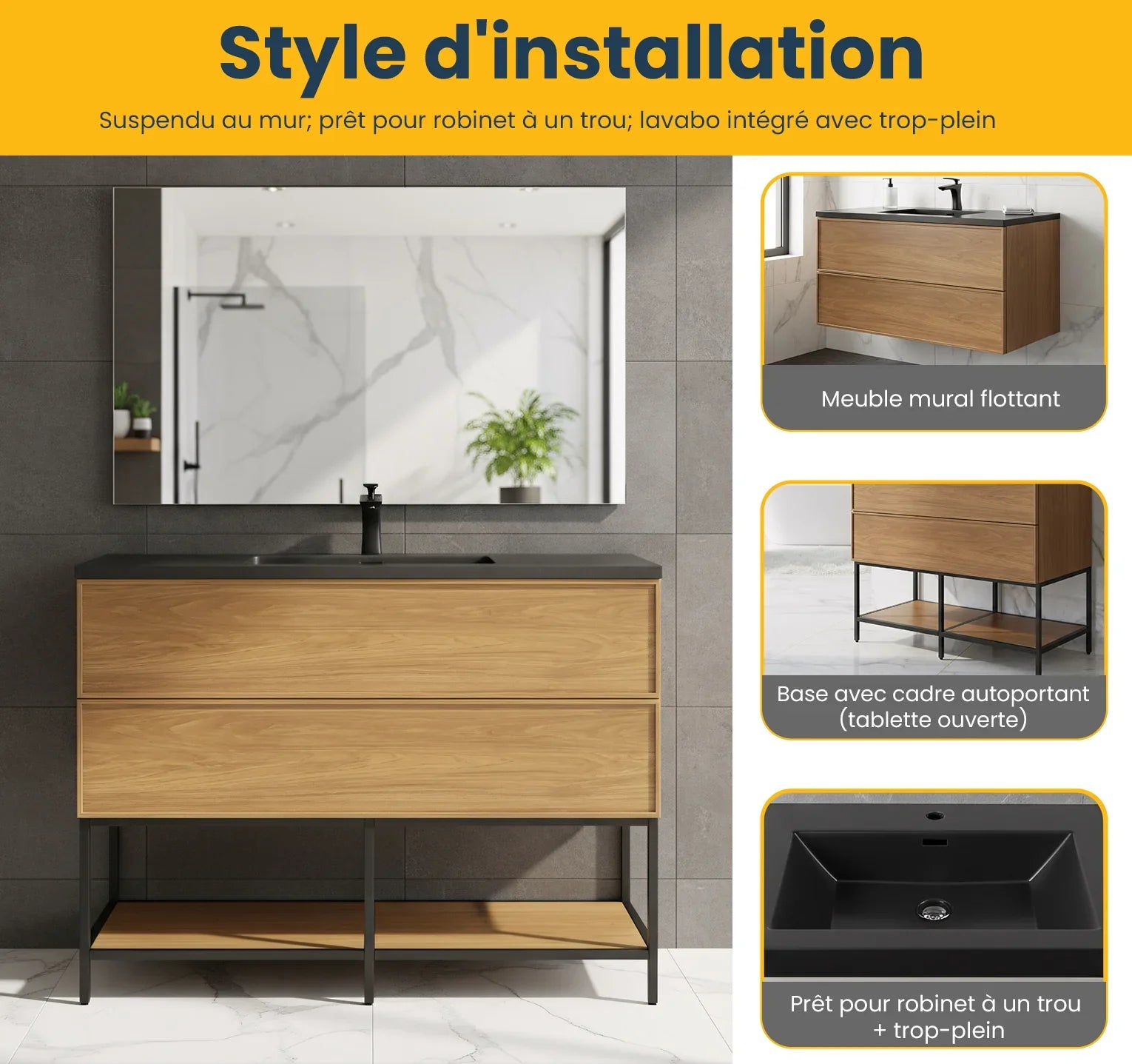 48 Inch Honey Gold Walnut Wall Mounted Bathroom Vanity with Black Engineered Quartz Countertop