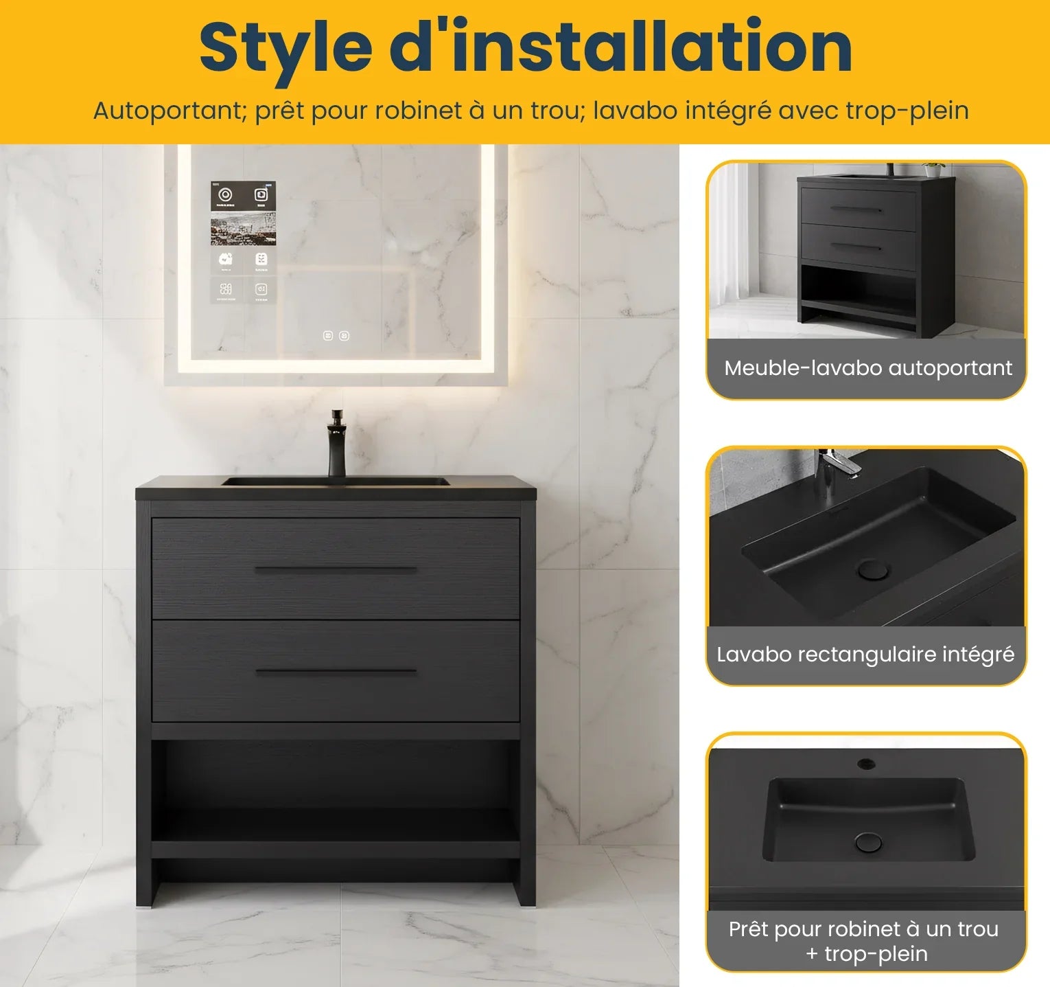 30" Black Oak Freestanding Single Sink Bathroom Vanity with Black Engineered Quartz Countertop
