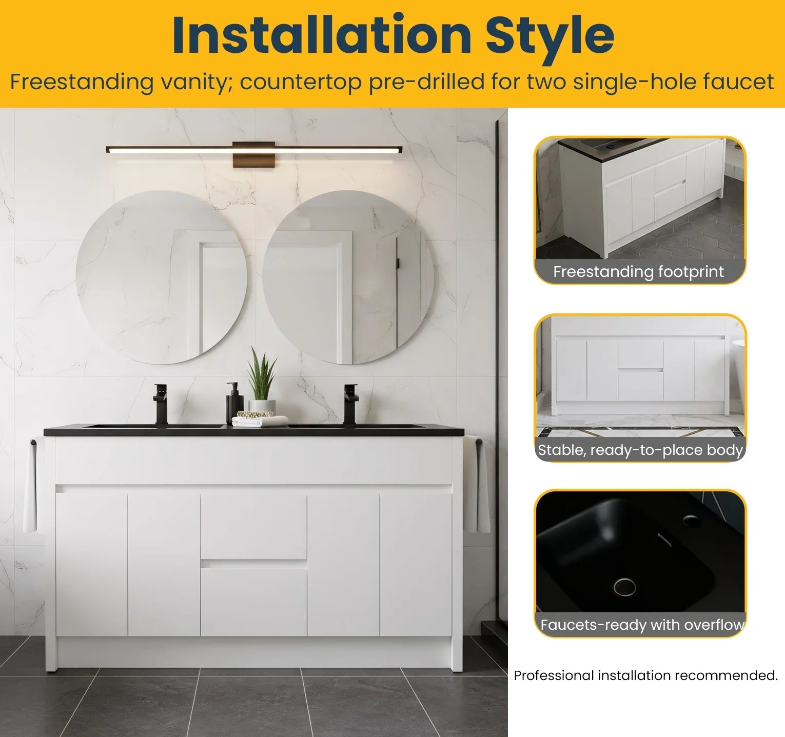 60" Matte White Freestanding Double Sink Bathroom Vanity with Black Engineered Quartz Countertop