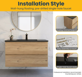 Meuble-Lavabo Mural 36po Chêne Brut avec Comptoir de Quartz d'ingénierie Noir