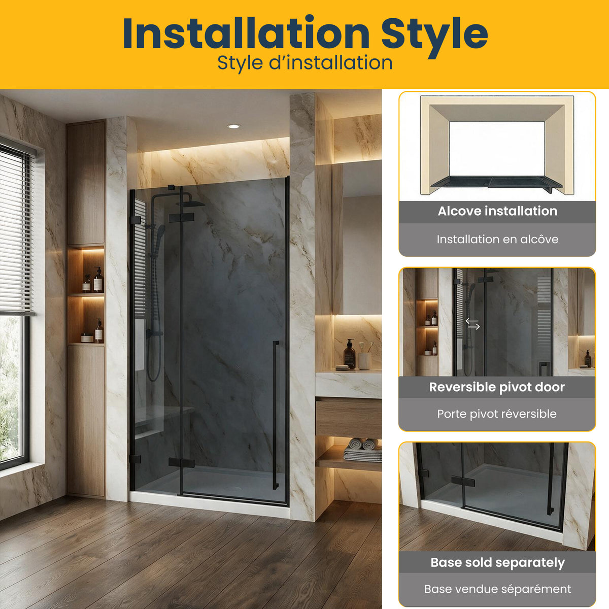 45.6"–46" W (Adjustable Width) x 79" H Frameless Reversible Pivot Shower Door in Matte Black with Black Tinted Glass