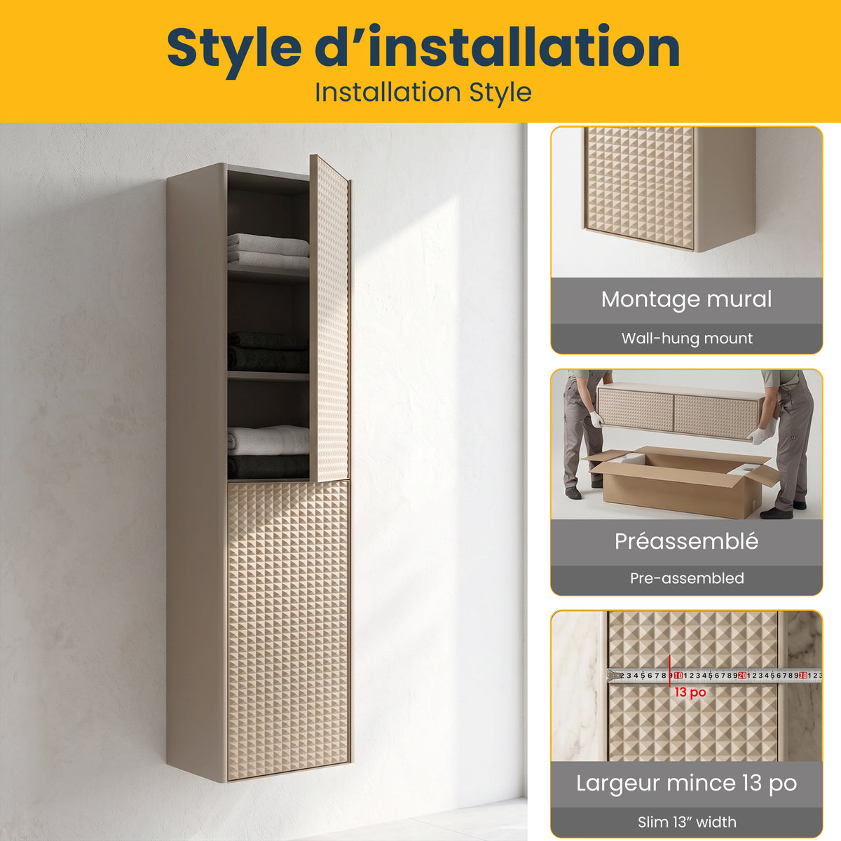 Champagne 2-Door Wall-Hung Reversible Linen Cabinet with Shelves