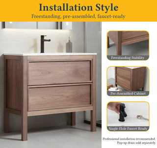 42" Natural Walnut Freestanding Bathroom Vanity with White Solid Surface Countertop