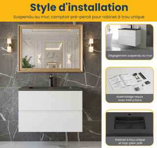 Meuble-lavabo mural blanc 30" pour salle de bain avec Comptoir en quartz noir reconstitué