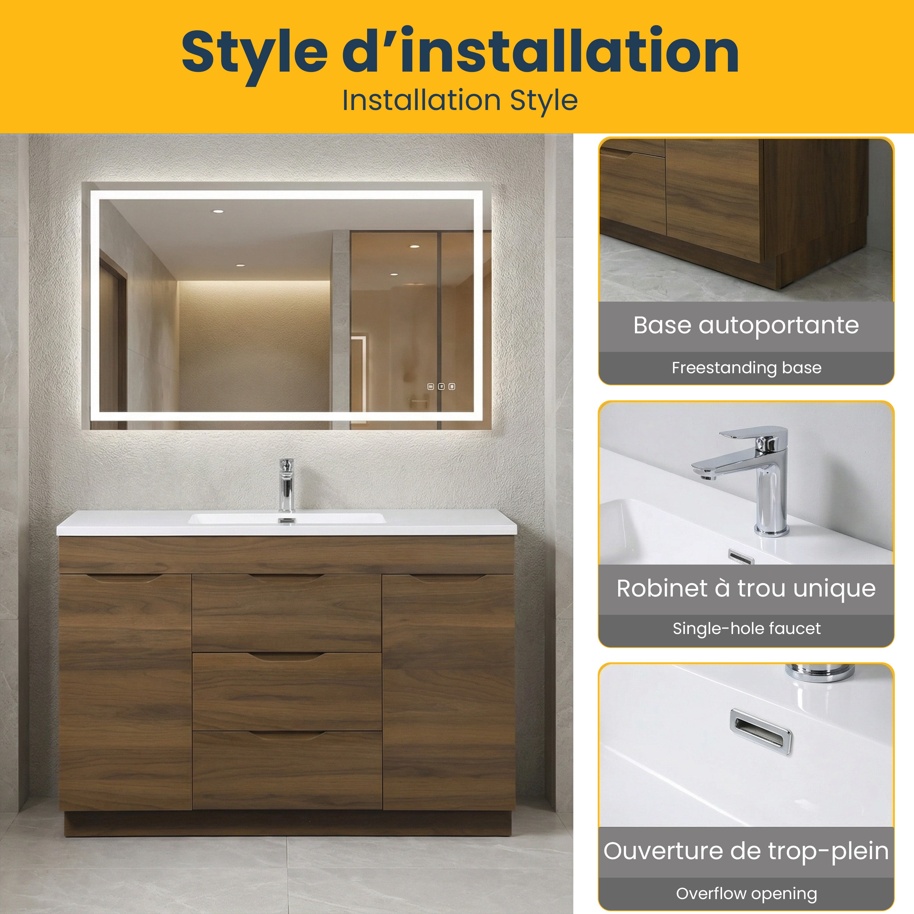 48" Walnut Freestanding Single Sink Bathroom Vanity with White Polymarble Countertop