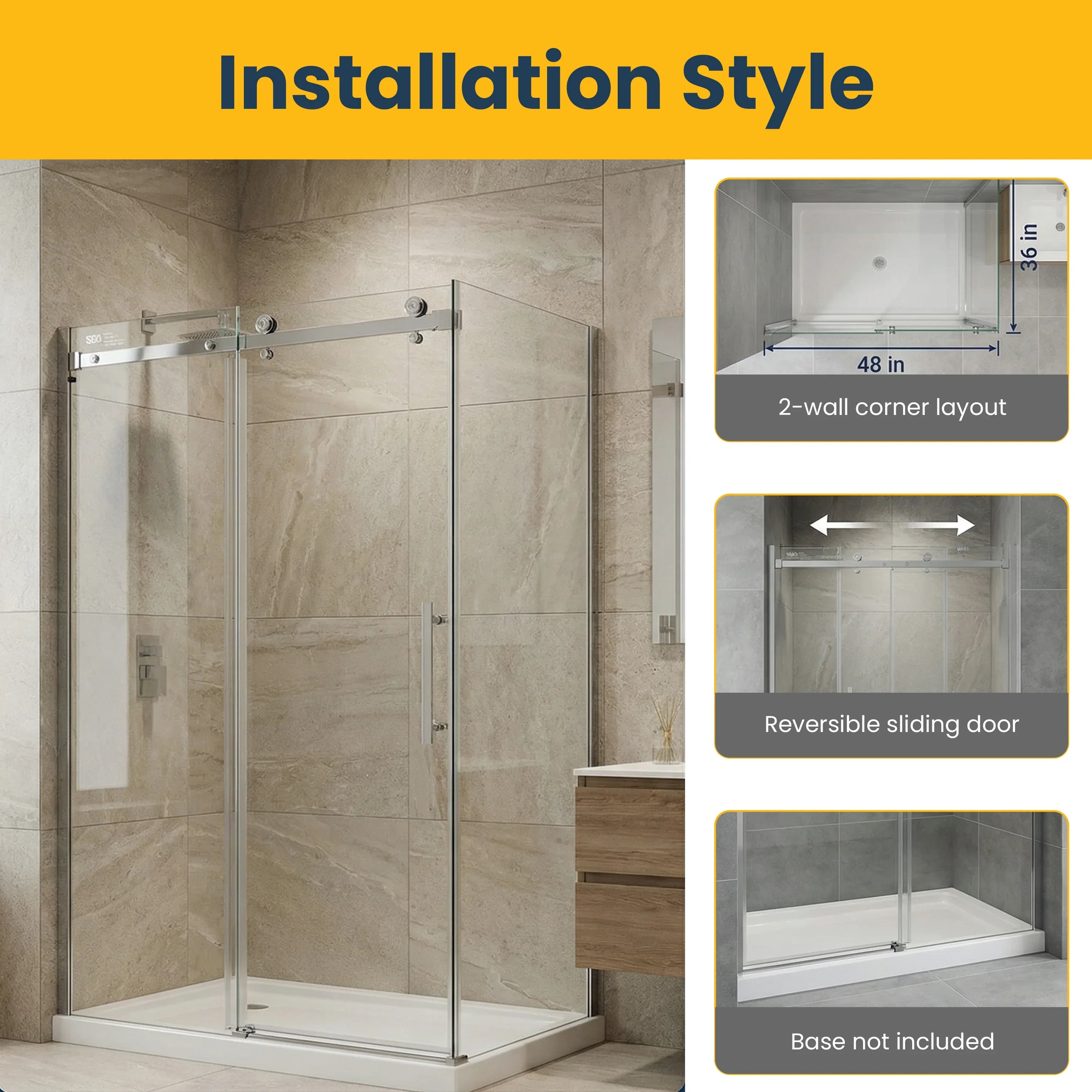 48" x 36" x 75" Reversible Sliding Shower Door with Chrome Square Hardware - 10mm Tempered Glass