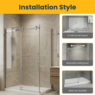 Porte de douche coulissante réversible 48" x 36" x 75" en chrome - Verre 10 mm, installation sur 2 murs avec panneau latéral de 36"