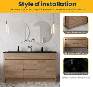 60" Rough Oak Freestanding Double Sink Bathroom Vanity with Black Engineered Quartz Countertop