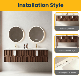 Meuble-lavabo double vasque Belfort 60 po en noyer - Plan de travail en marbre blanc de Carrare