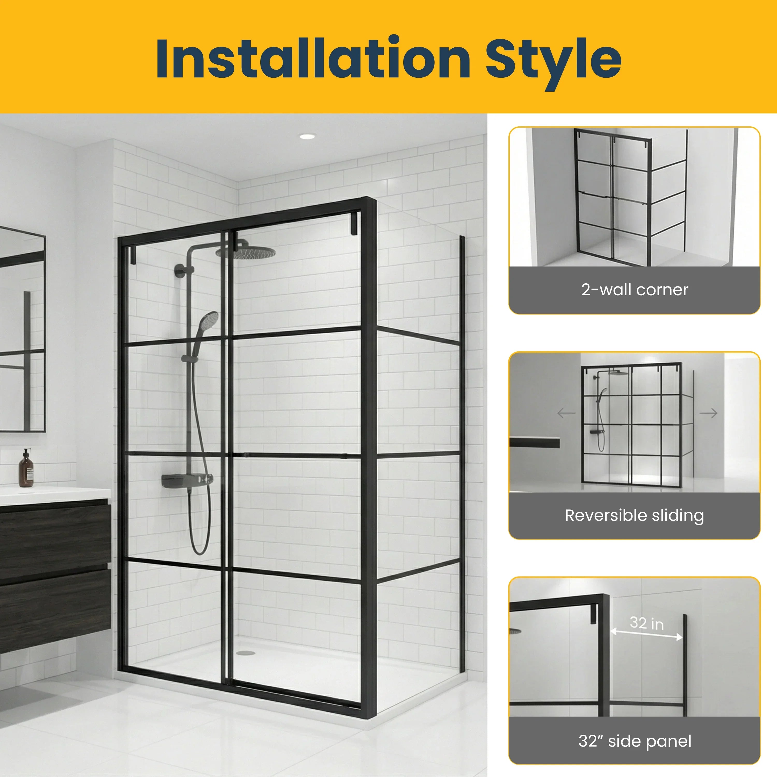 48" x 79" Matte Black Framed Sliding Shower Door with 32" Side Panel - Tina Collection