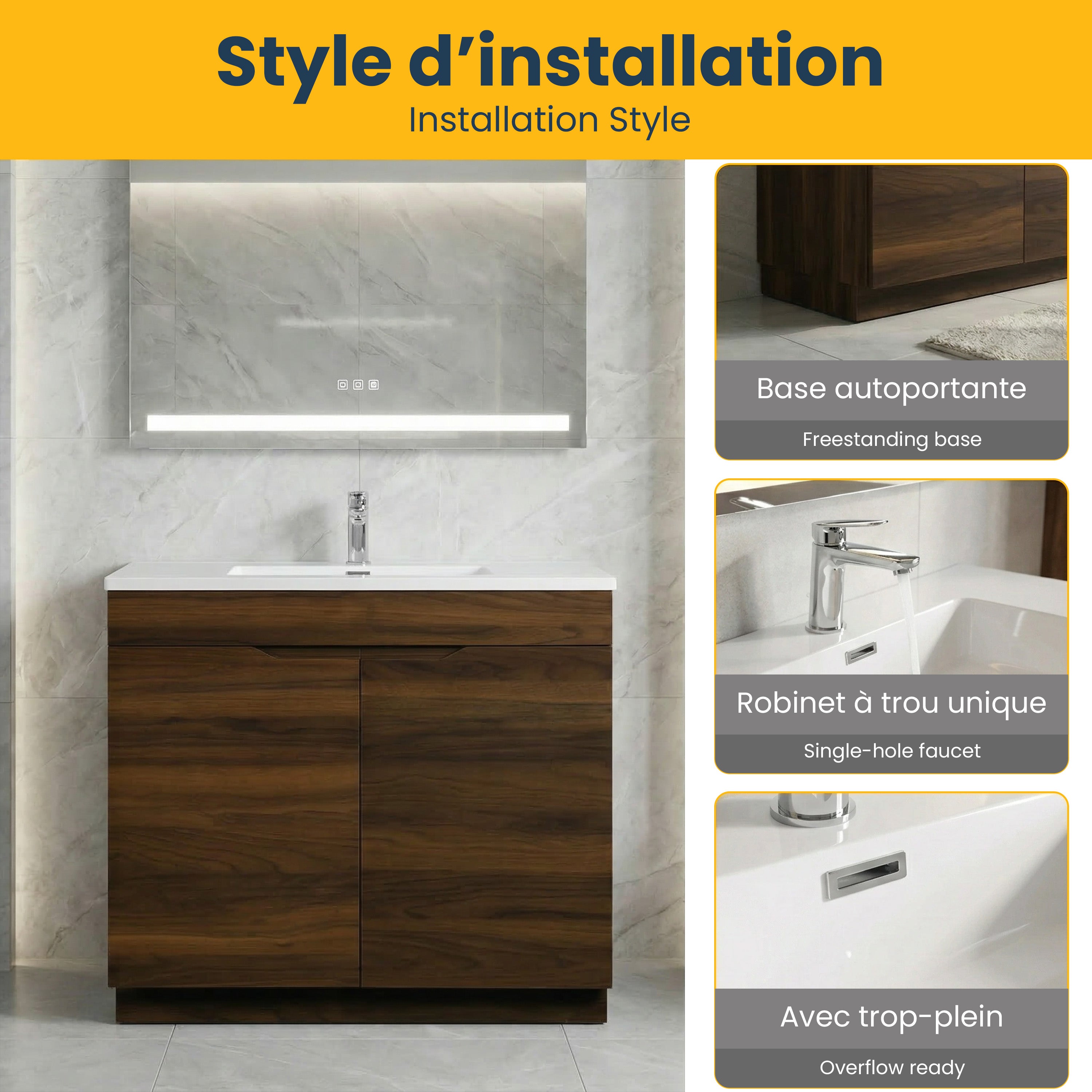 36" Walnut Freestanding Single Sink Bathroom Vanity with White Polymarble Countertop