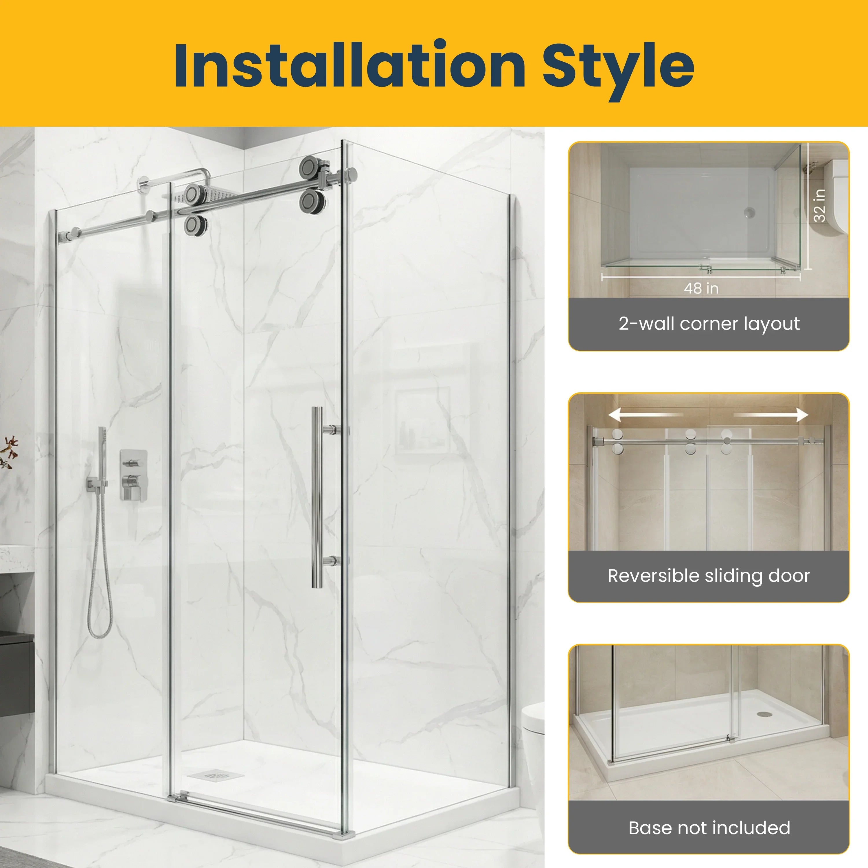 48" x 32" x 75" Reversible Sliding Shower Door with Chrome Hardware – 10mm Tempered Glass Corner Setup