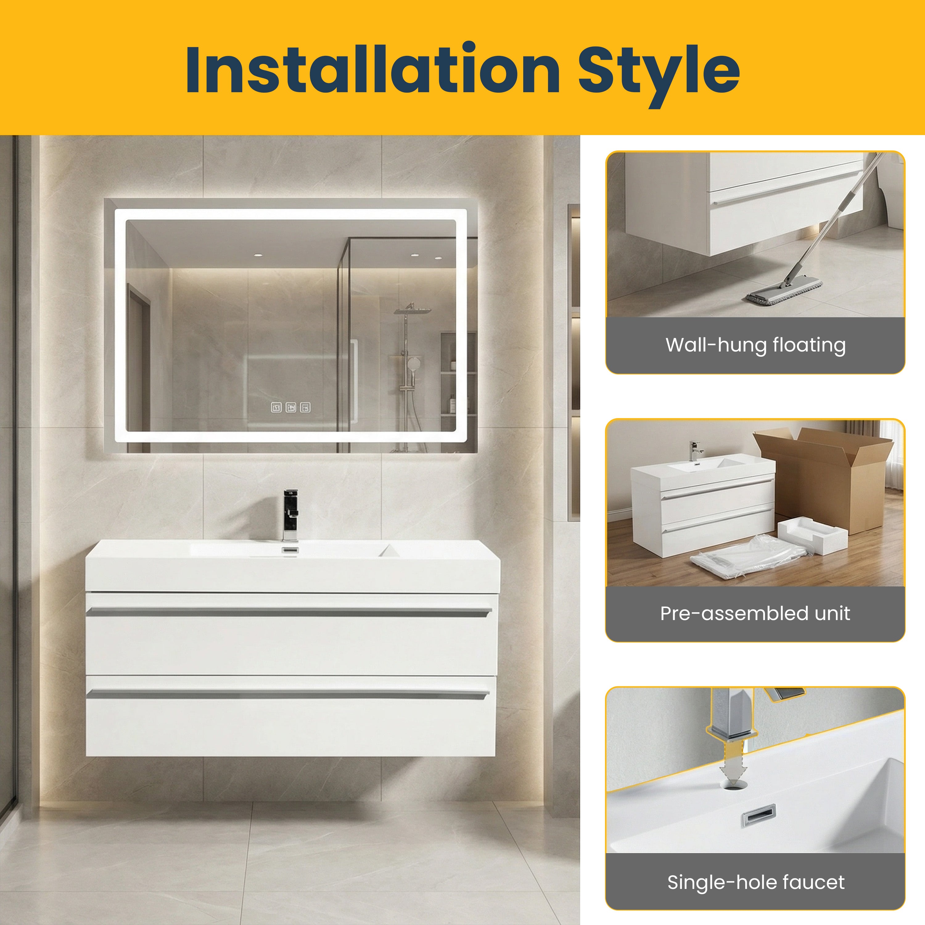 Meuble-Lavabo Mural Blanc de 48 po avec Comptoir en Polymarbre Blanc