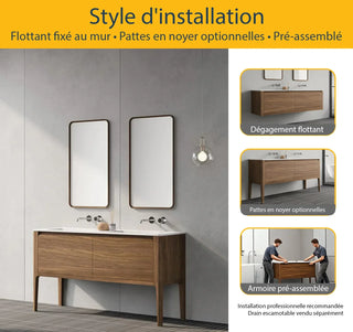 Meuble-Lavabo Mural 60po Noyer avec Comptoir de Surface solide Blanc Mat