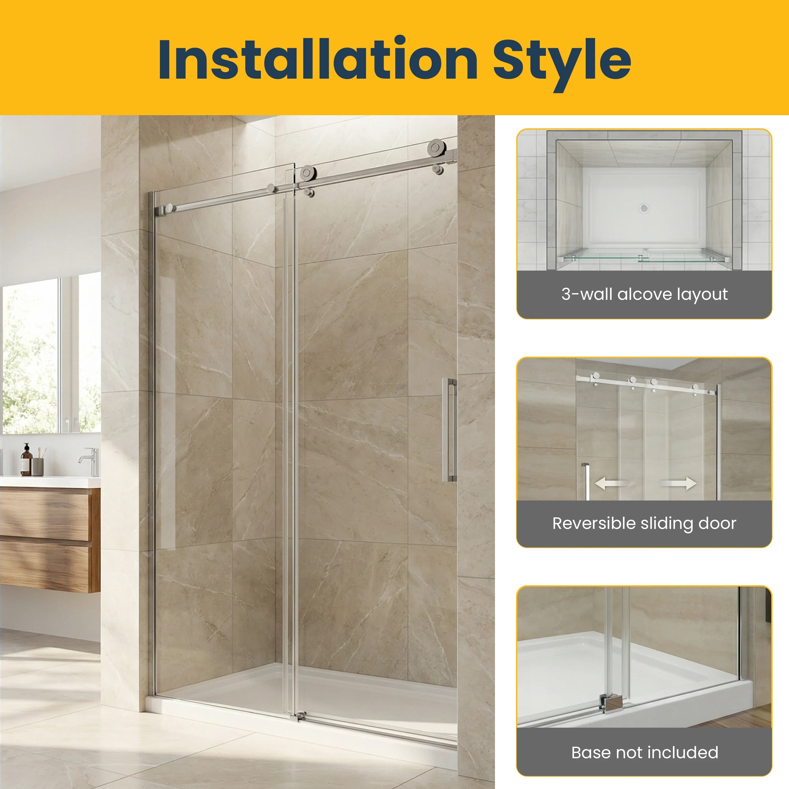 48" x 75" Alcove Reversible Sliding Shower Door with Square Chrome Hardware - 10mm Tempered Glass