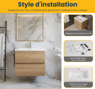 Meuble-Lavabo Mural 24po Chêne Brut avec Comptoir de Polymarbre Blanc