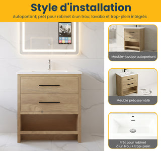 Meuble-lavabo autoportant en chêne brut de 30" avec Comptoir en polymarbre blanc