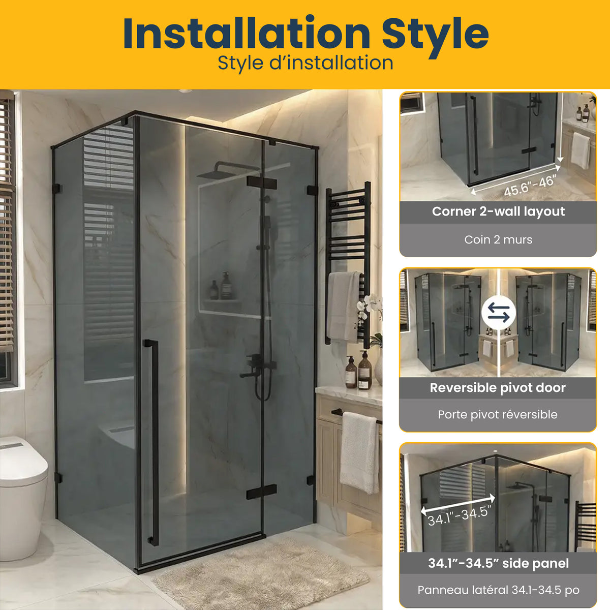 45,6po–46po L (largeur ajustable) x 79po H Porte de douche pivotante réversible sans cadre en noir mat avec panneau latéral 34,1po–34,5po – verre teinté noir