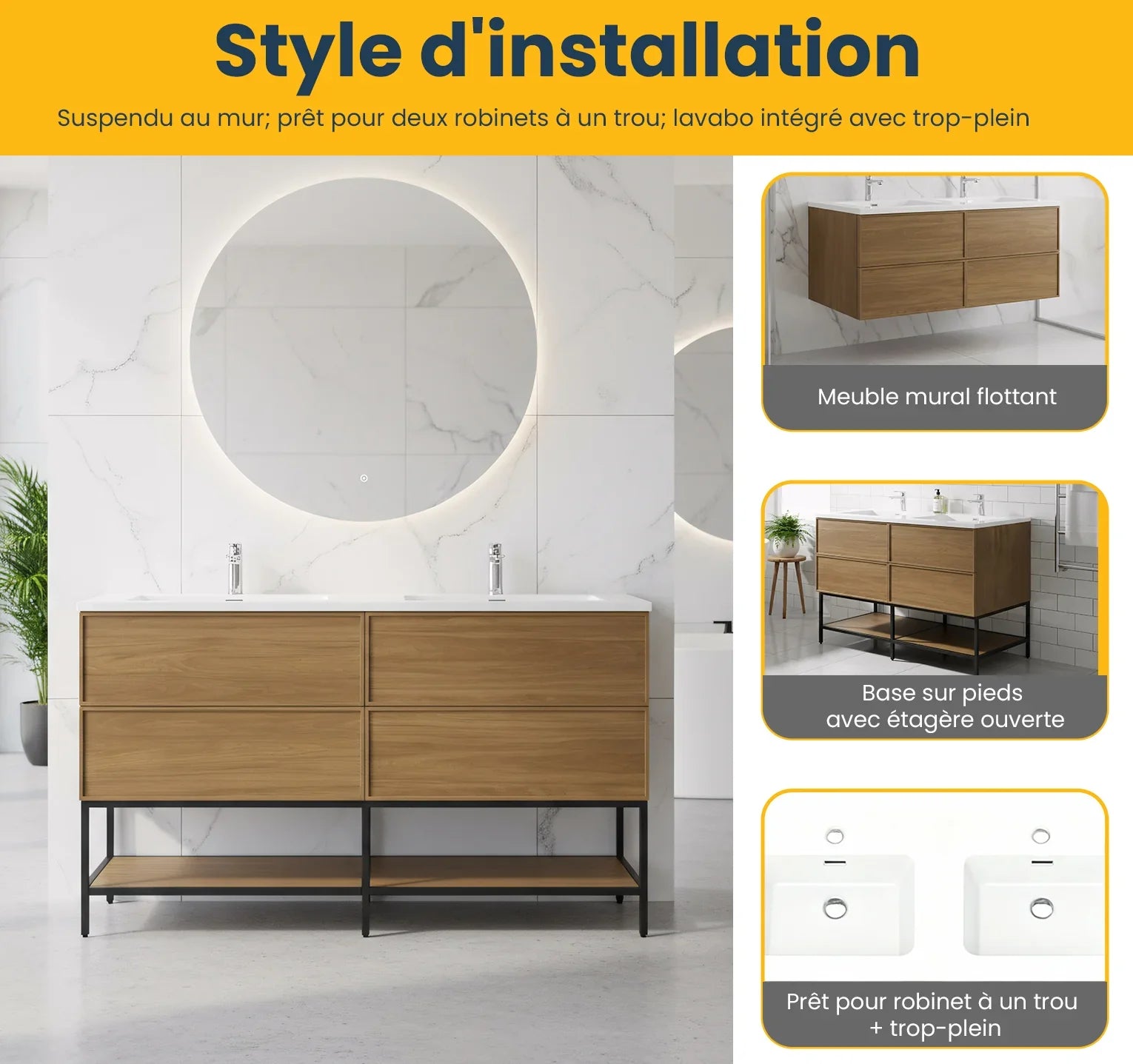 60" Honey Gold Walnut Wall Mount Double Sink Bathroom Vanity with White Polymarble Countertop