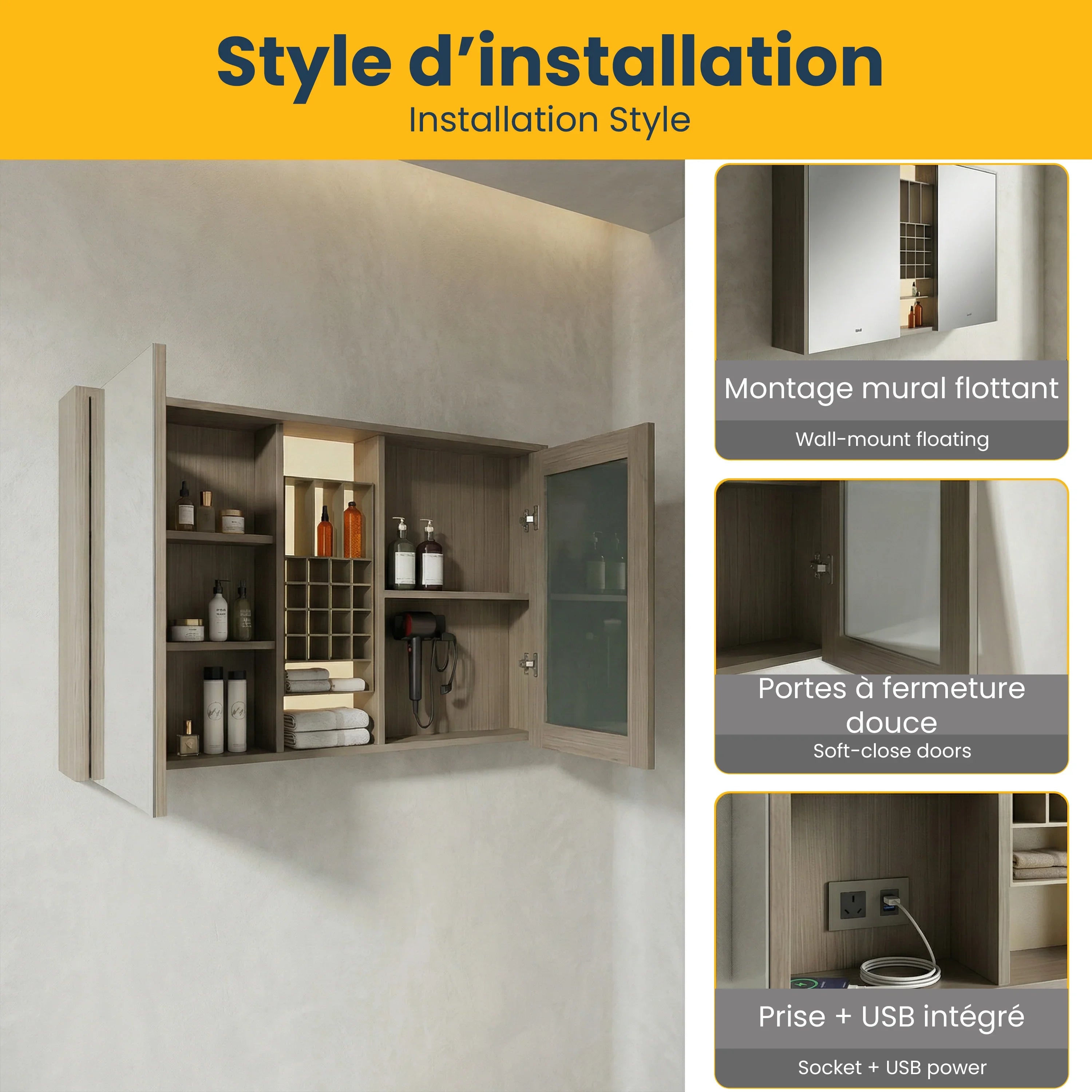 Armoire à Pharmacie DEL Taupe 48po avec Portes à Fermeture Douce