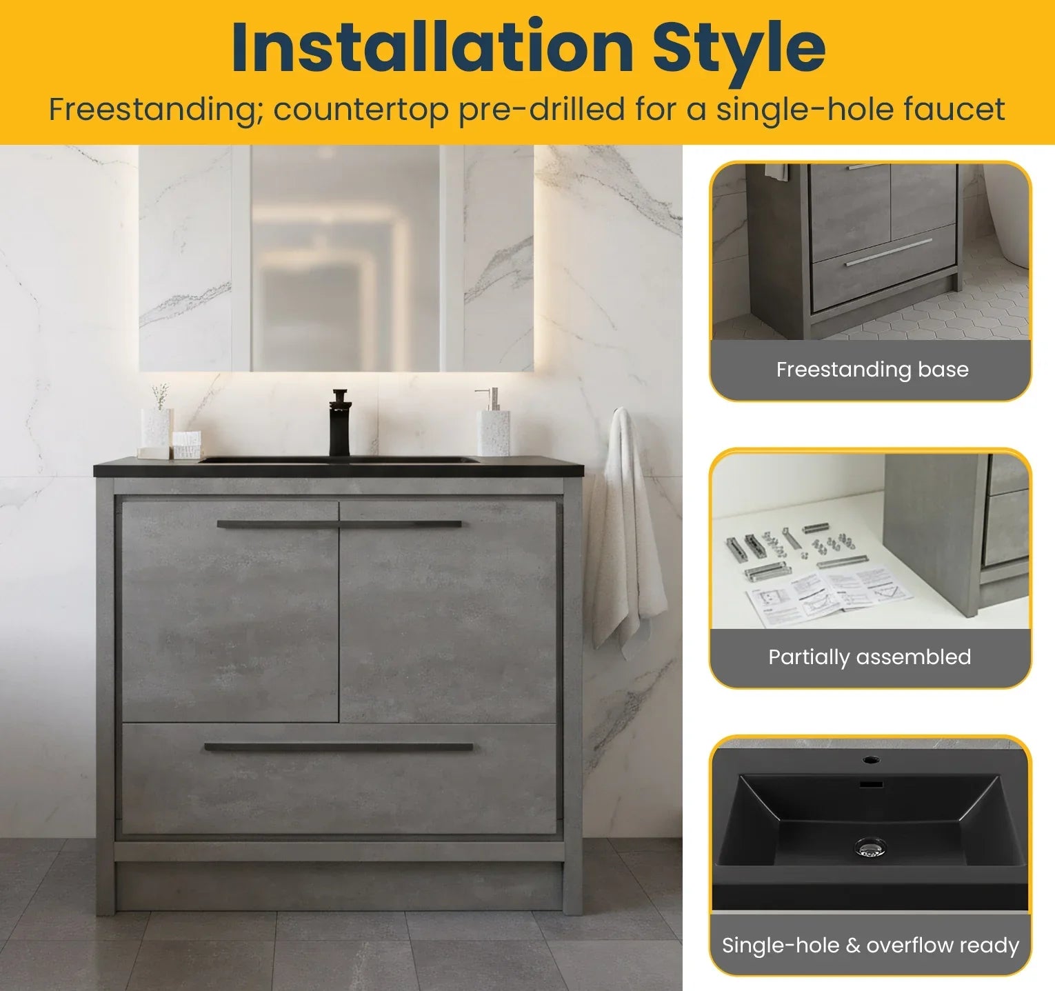 36" Cement Freestanding Bathroom Vanity with Black Quartz Engineered Countertop