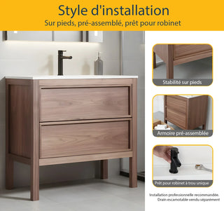 42" Natural Walnut Freestanding Bathroom Vanity with White Solid Surface Countertop