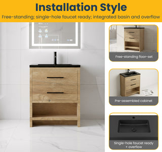 Meuble-lavabo Autoportant 24 po Chêne Brut avec Comptoir en Quartz Noir d’Ingénierie