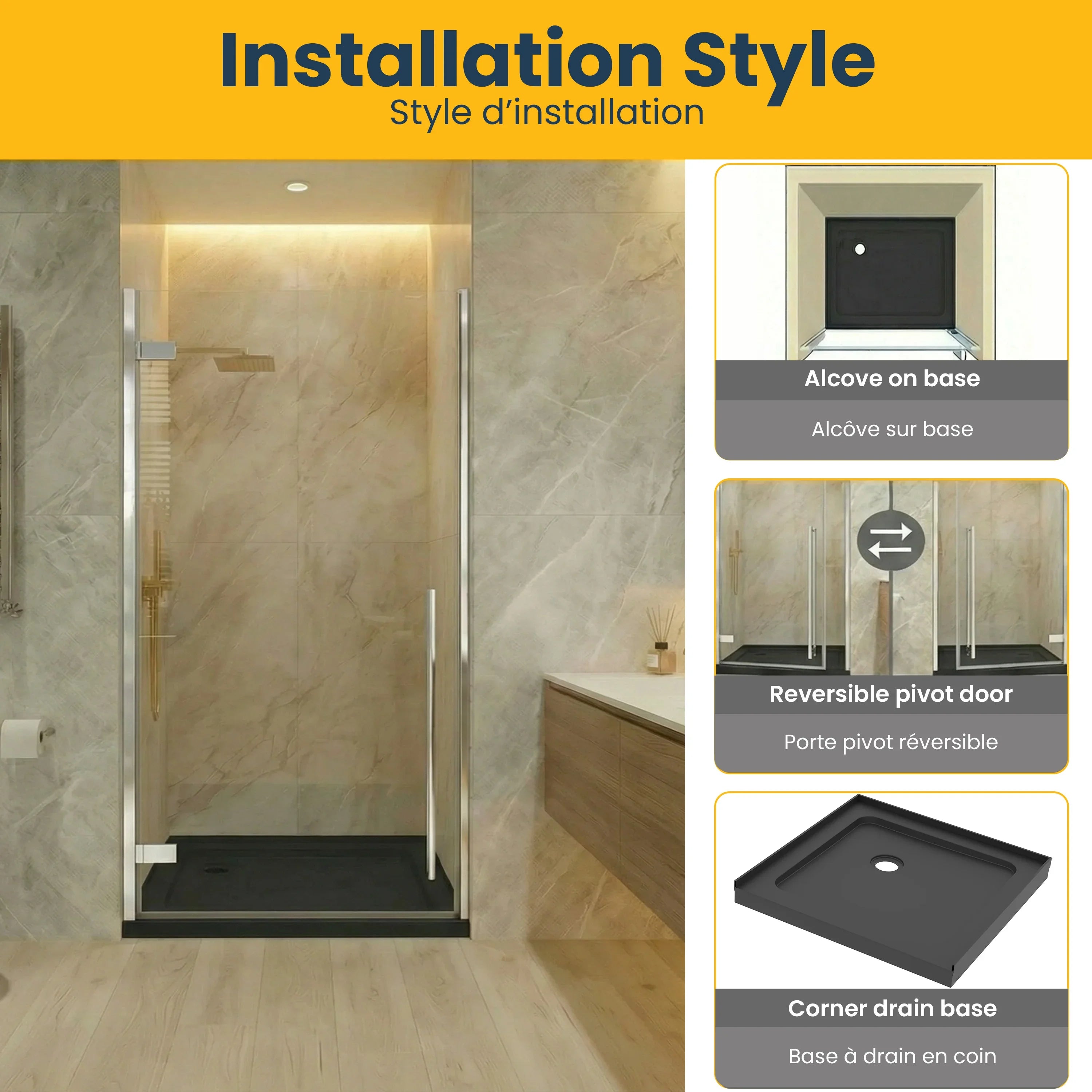 36" x 79" Chrome Pivot Shower Door with 36" Glossy Black Acrylic Base