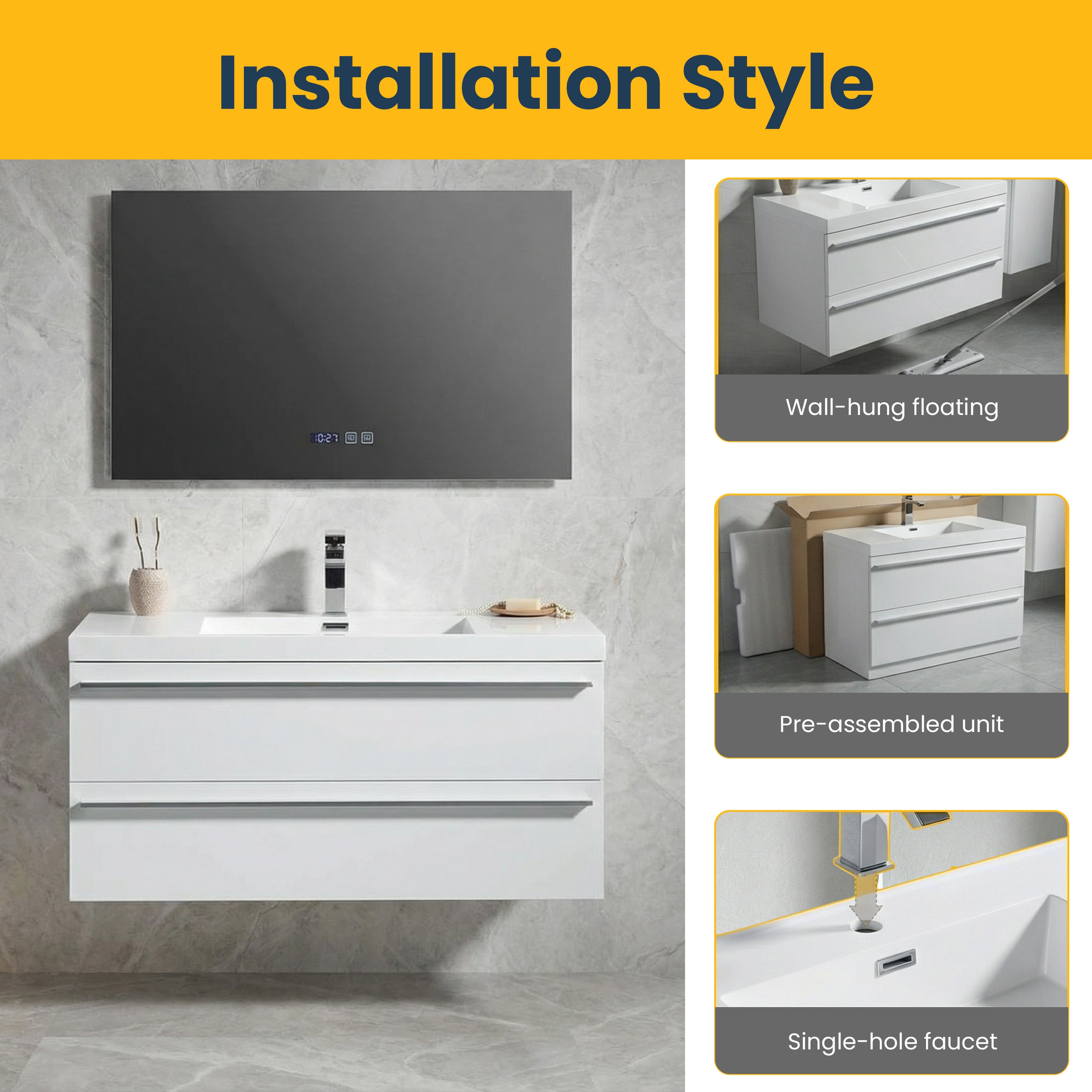 42" White Wall Mount Bathroom Vanity with White Polymarble Countertop