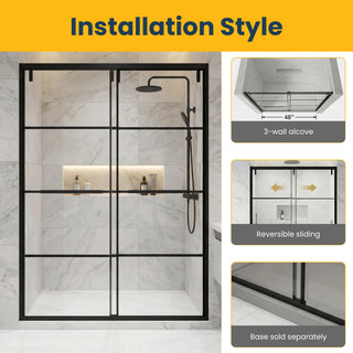 48" x 79" Framed Reversible Sliding Shower Door in Matte Black with Clear Glass Without Base