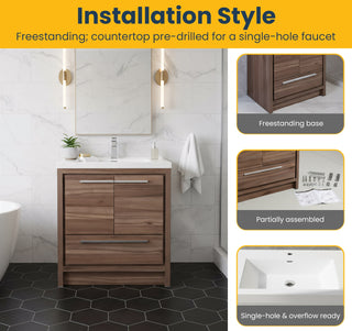 30" Walnut Freestanding Bathroom Vanity with White Polymarble Countertop